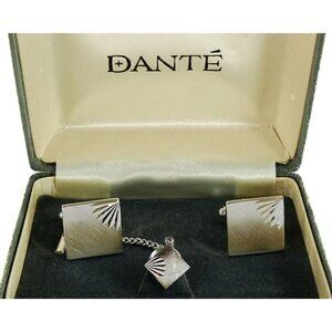 Dante Vintage Cufflinks Set with Tie Tack Pin Silvertone Square Formal Groom Box